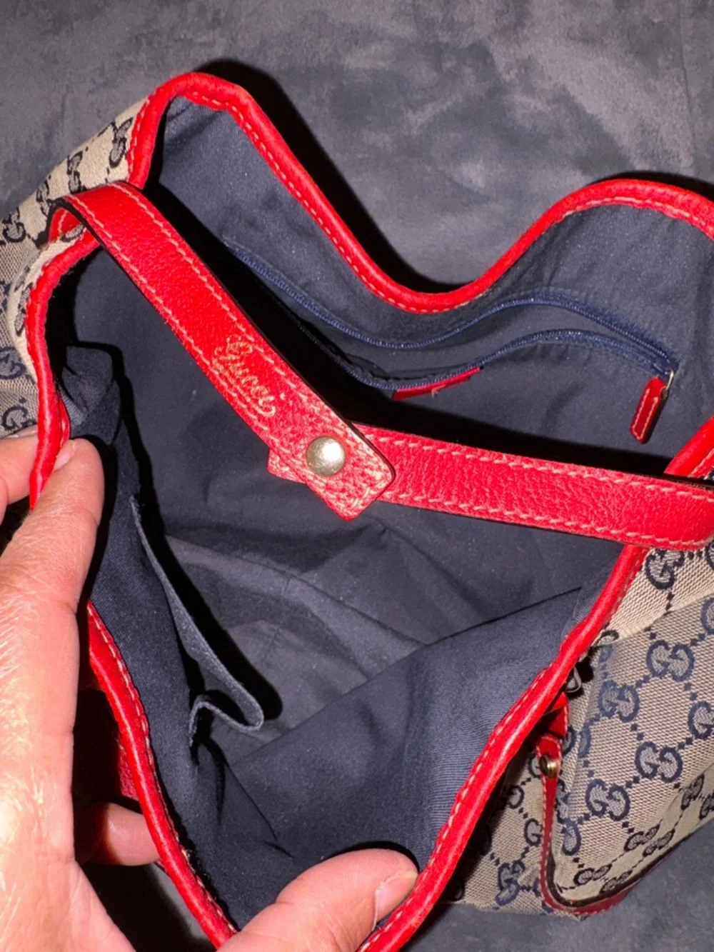 Gucci Beige Monogram Canvas Tote with Red Leather Trim